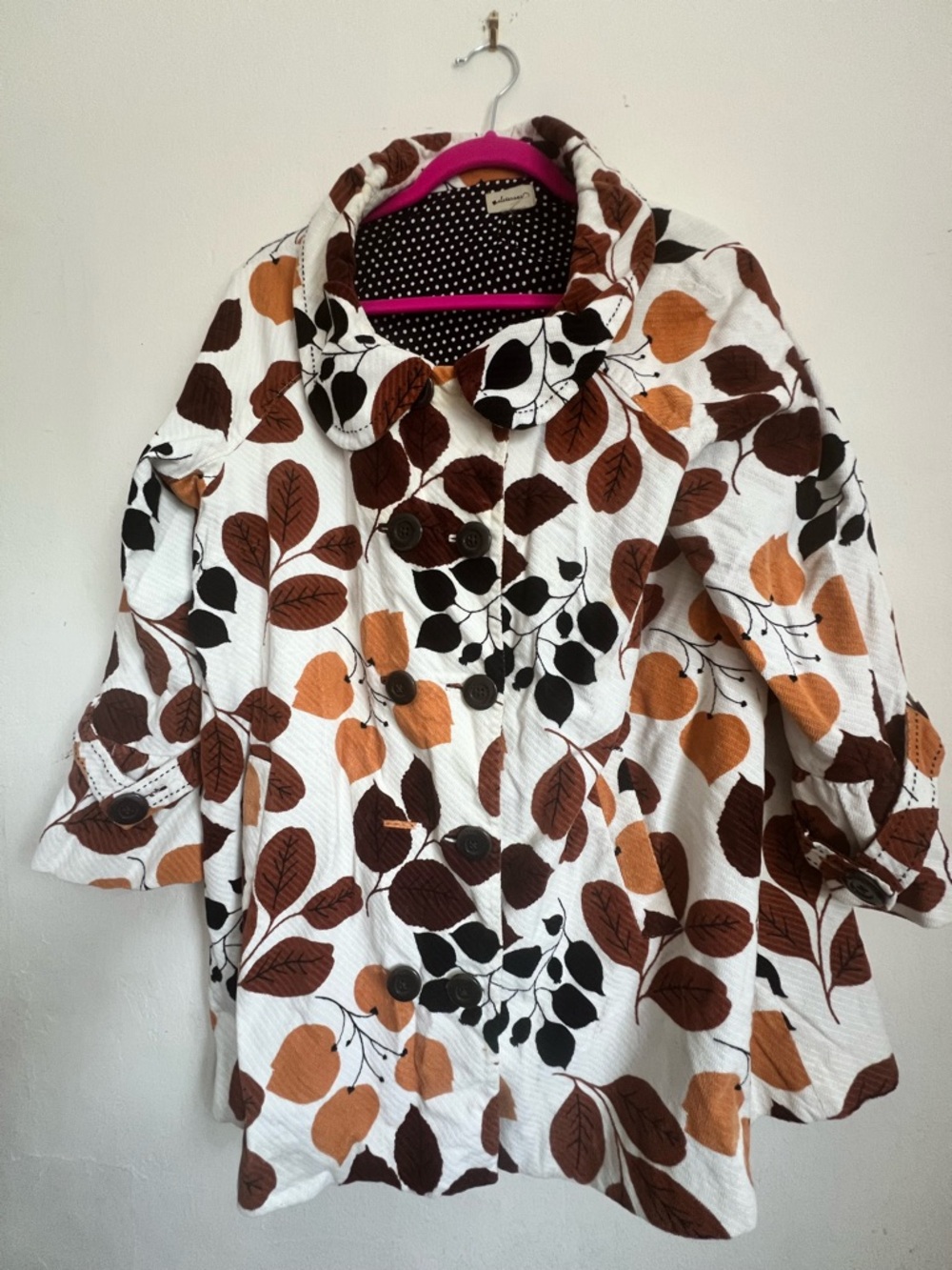 Anthropologie White Trench Coat with Brown and Tan Leaf Print